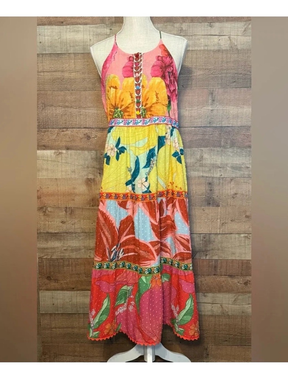 Farm Rio Tiered Cotton Tank Midi in Mixed Garden Floral Dress Women's size Small
